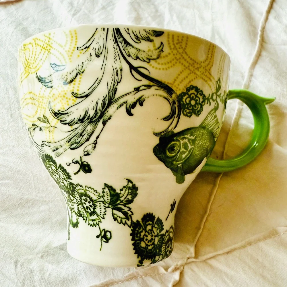 Anthropologie Menagerie Green Floral Fish Pedestal Coffee/Tea Mug - Picture 3 of 14